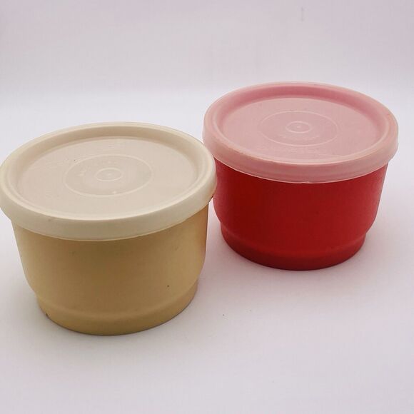 Vintage Tupperware Orange and Tan Round Snack Storage Cups With Lids - Set Of 2 - Picture 2 of 5